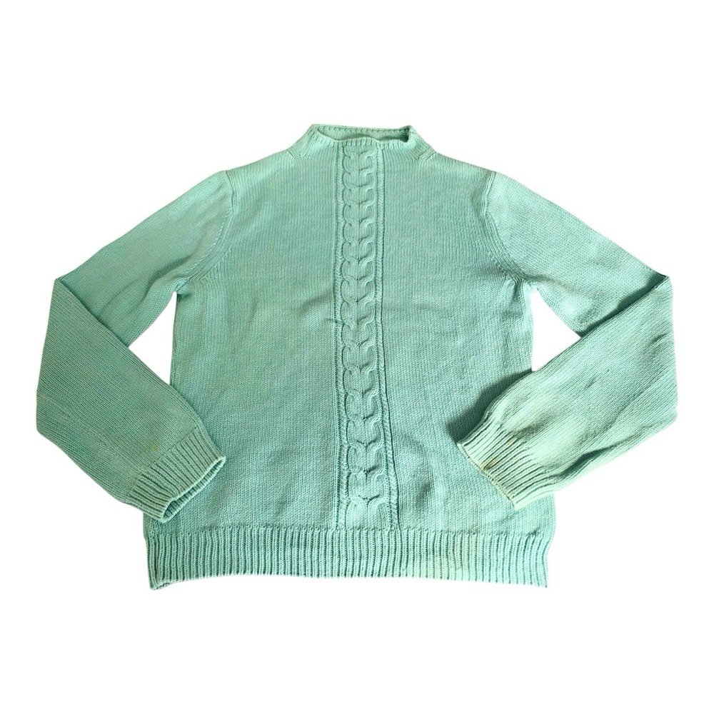 Pendleton Sweater Women M Aqua Green‎ Pastel Mock Neck Cable Knit Fisherman Cozy